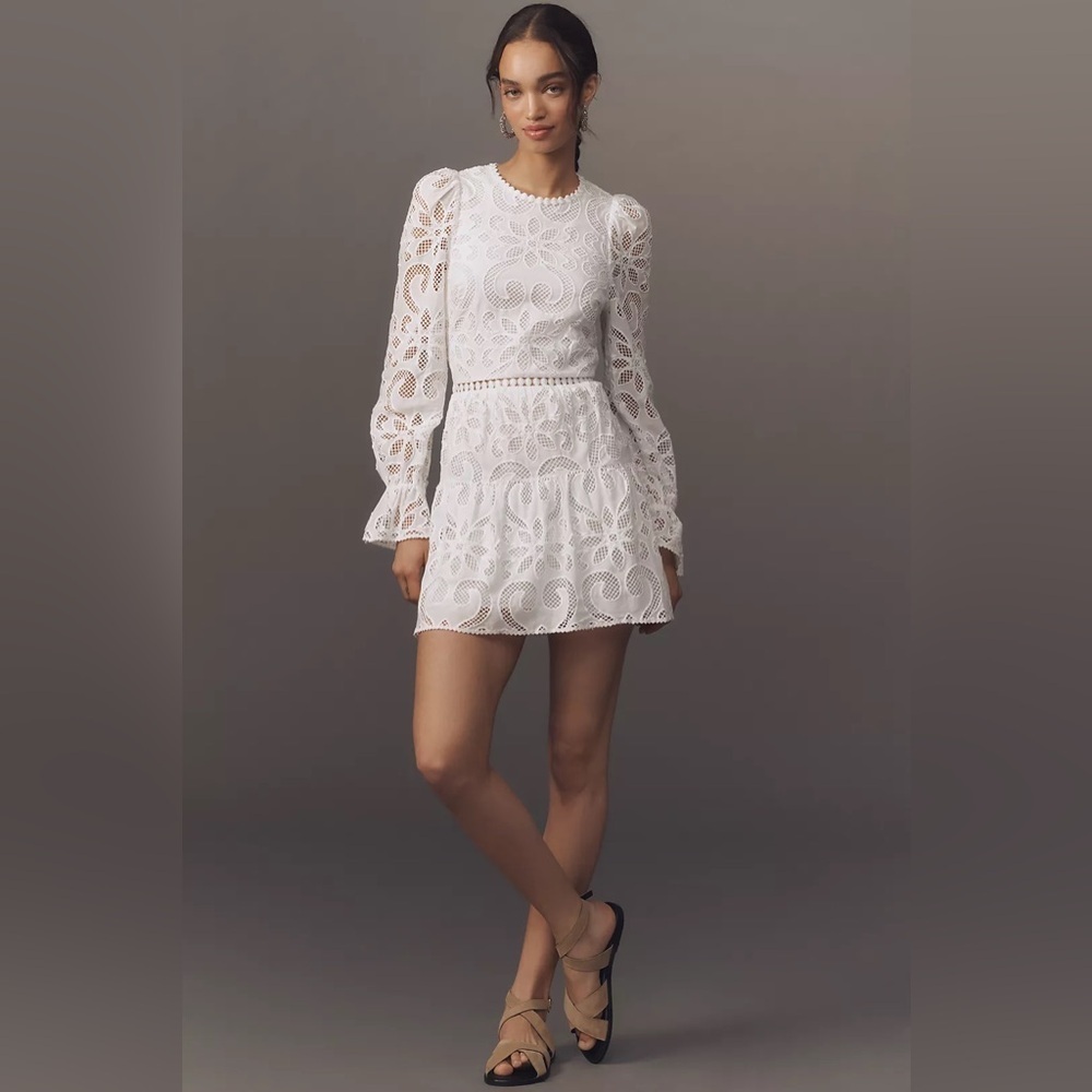 NWT! Anthro Saylor Marilla Long-Sleeve Eyelet Lace Mini Dress - M Petite, Small⏰ - Picture 3 of 6